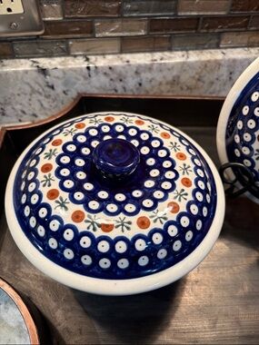 Polish pottery. Decorative Blue Ceramic Lidded Casserole - Blue/White/Orange